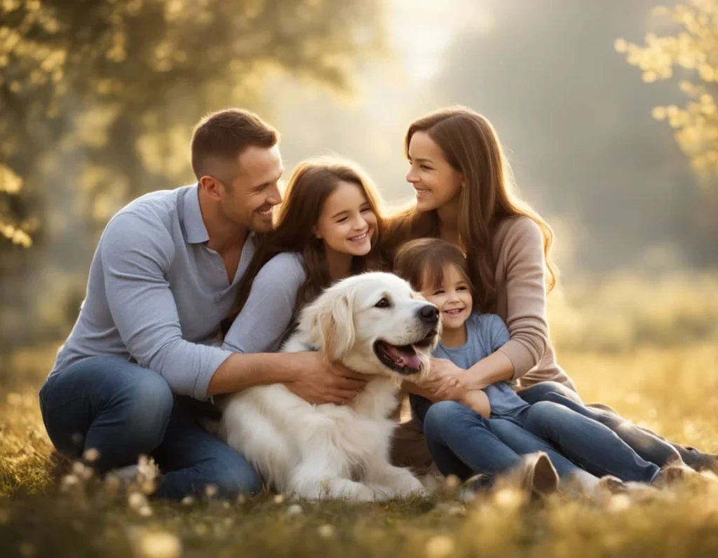 Best Family Dogs - Happy family playing with their golden retriever in a sunny backyard, smiling and enjoying quality time together.